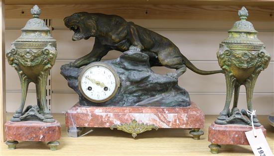A Spelter and marble clock garniture, signed T.Cartier tallest 30cm